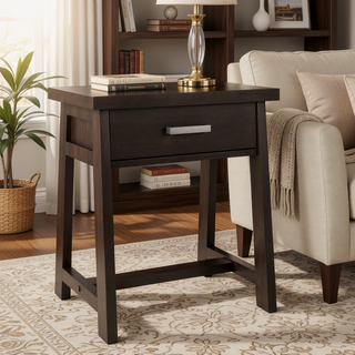 Sunvega Dark Chestnut Brown Solid Wood Industrial Style Sawhorse Side Table with Drawer