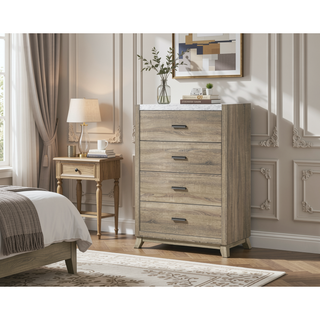 Sunvega Rustic Transitional Chest with Faux Marble Top and Four Drawers