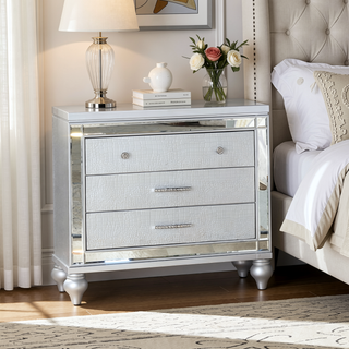 Sunvega Mirror Accented Modern Style Nightstand with Three Spacious Drawers in Silver