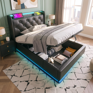 Sunvega Full Size Upholstered Bed with 360 LED Lighting Hydraulic Storage and USB Charging