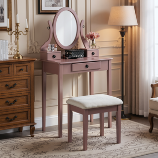 Sunvega Pink Wood Makeup Vanity Table and Stool Set with Mirror and Storage Drawers