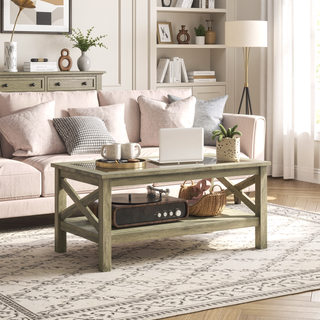 Sunvega Modern Farmhouse Coffee Table with Tempered Glass Top and Storage Shelf