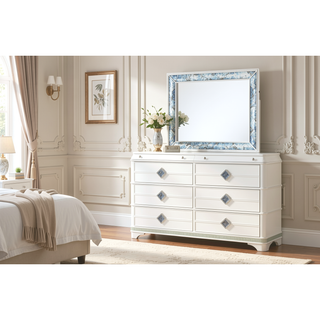 Sunvega Modern White Dresser with Six Soft Closing Drawers and Crystal Accent Handles
