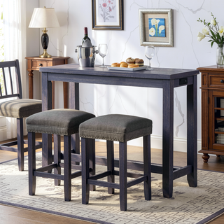 Sunvega Transitional Antique Blue and Gray Finish 3pc Dining Table Set with USB Port