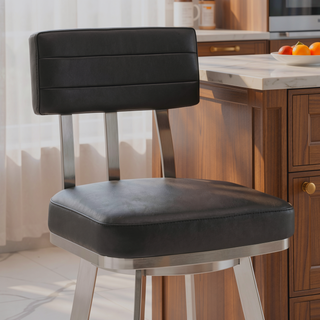 Sunvega Brushed Stainless Steel Swivel Bar Stool with Black Faux Leather Upholstery