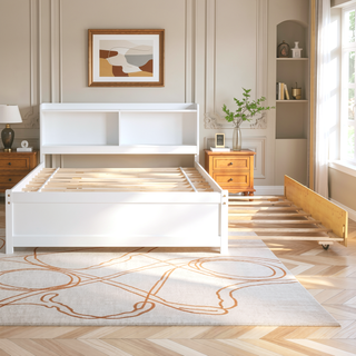 Sunvega White Twin Trundle Bed with Storage Headboard and Bookcase