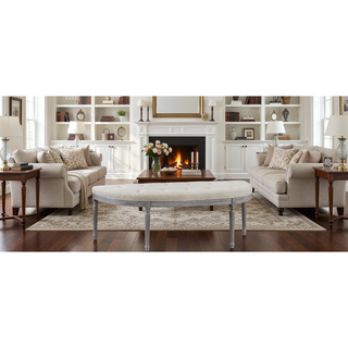 Sunvega Light Beige Button Tufted Upholstered Bench with Weathered Gray Wooden Legs