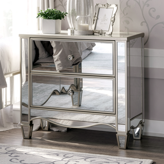 Sunvega Glam Silver Finish Nightstand with Mirror Panels and Crystal Knobs