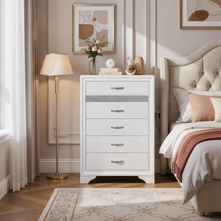 Sunvega White and Silver Glitter Nightstand with Hidden Felt-Lined Jewelry Drawer