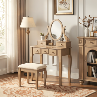 Sunvega Adjustable Oval Wooden Frame Vanity Table with Mirror and Stool