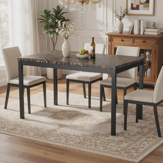 Sunvega Brown Faux Marble Table Top with Black Metal Frame Dining Table