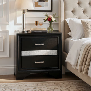 Sunvega White 2-Drawer Nightstand with Rhinestone Pulls and Hidden Jewelry Tray