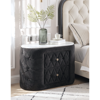 Sunvega Oval Faux Marble Top Nightstand with Two Drawers and Button Tufted Black Fabric