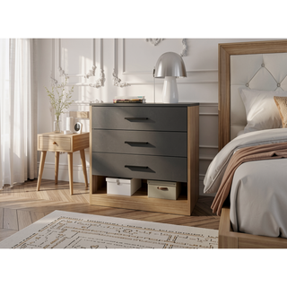 Sunvega 3 Drawer Dresser with Open Shelf in Natural Oak and Matt Grey Finish