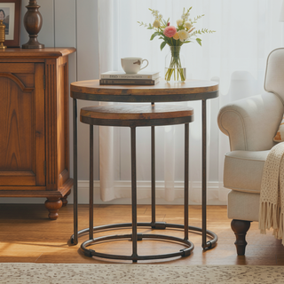 Sunvega Solid Mango Wood Round Stool Set with Iron Base and Oak Finish