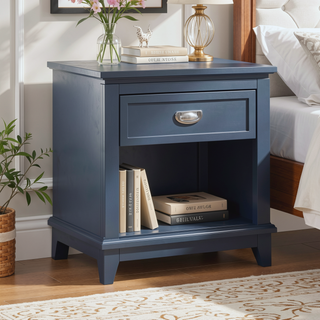 Sunvega Navy Blue Finish Nightstand with Storage Drawer and Lower Shelf