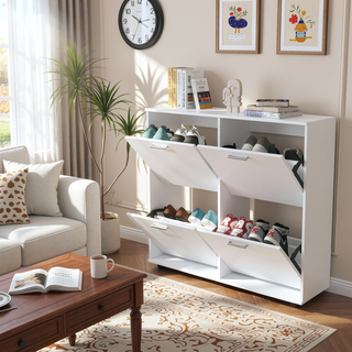 Sunvega White Tilt-Out 4-Door Storage Cabinet with Modern Industrial Design