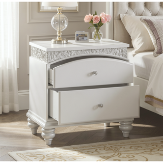 Sunvega Platinum Finish Glam Nightstand with 2 Drawers and Sparkling Rhinestones Inlay
