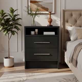 Sunvega Smokey Oak and White Finish Nightstand with Two Drawers and Open Shelf