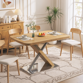 Sunvega Natural Retractable Dining Table with Cross Metal Base Seating 4-6 People