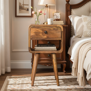 Sunvega Mini Solid Mango Wood Nightstand with Oak-ish Finish and Curved Edges