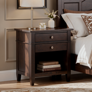 Sunvega Dark Tobacco Brown Solid Wood Bedside Table with Two Spacious Drawers