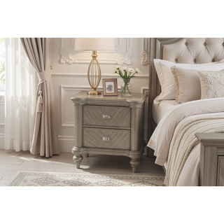 Sunvega Luxury Classic Antique Silver Champagne Finish 2-Drawer Nightstand Bedside Table