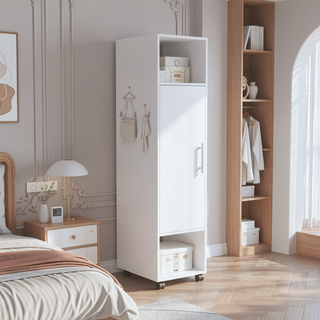 Sunvega Tall Wardrobe Cabinet with Mirror, Shelves, Hanging Rod and Casters for Bedroom