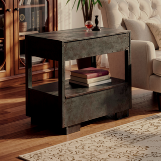 Sunvega Smoked Peppercorn Nightstand with Two Drawers and Display Shelf