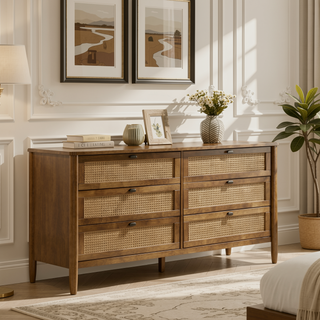 Sunvega 6-Drawer Dresser with Rattan Fronts and Solid Wood Frame in Walnut