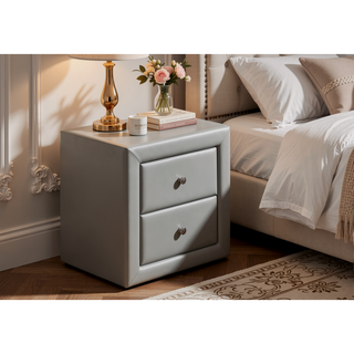 Sunvega Upholstered Grey Leather Look Nightstand with Two Storage Drawers