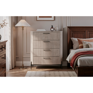 Sunvega Taupe Reeded Front Chest with 4 Storage Drawers and Metal Accent Base