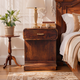 Sunvega Solid Mango Wood Chestnut Bedside Table with Drawer and Open Shelf