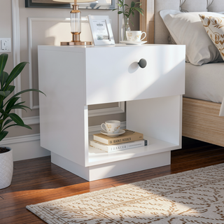 Sunvega White Finish One Drawer Nightstand with Shelf for Bedroom Decor