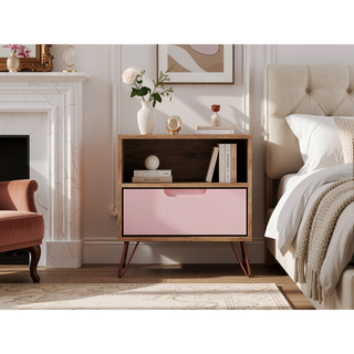 Sunvega Mid-Century Modern Pink Nightstand with Drawer and Open Shelf