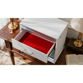 Sunvega Glam Modern White Wood Nightstand with LED Lights and Velvet Lined Drawer