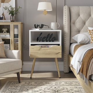 Sunvega Smokey Oak and White Finish Nightstand with Open Shelf and Drawer