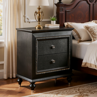 Sunvega Metallic Grey Nightstand with 2 Spacious Drawers and Crystal-Like Trim