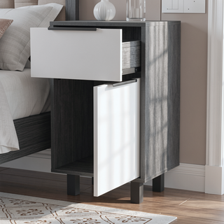Sunvega Maryland Z Nightstand with One Drawer and Cabinet in Smokey Oak White