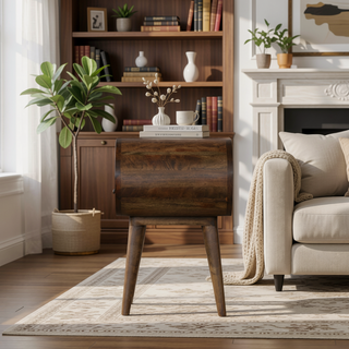 Sunvega Solid Wood Grey Washed Circular Bedside Table with 1 Drawer and Open Slot