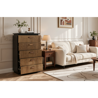 Sunvega Modern Mango Wood Chest with Brass Metal Accents and Five Drawers