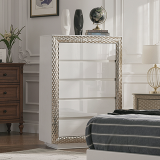 Sunvega Glam Gray 5-Drawer Chest with Plinth Base Silver Molding Glass Shelf