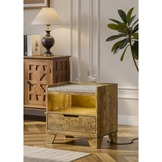 Sunvega Aspen Brown Nightstand with LED Light and USB Port for Bedroom