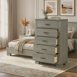 Sunvega Modern Design Queen Size Bed with LED Light Headboard and Weathered Gray Finish