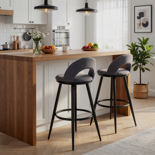 Sunvega Black Metal Bar Stool with Gray Faux Leather and 360-Degree Swivel
