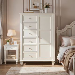 Sunvega Cream White 8-Drawer Chest with Cabinet Door and Brushed Nickel Hardware