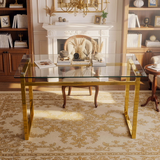 Sunvega Modern Minimalist Rectangular Glass Dining Table with Golden Chrome Metal Legs for Kitchen Dining Living Room