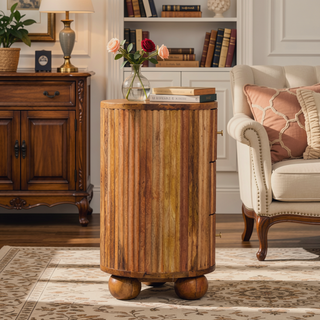 Sunvega Solid Mango Wood 3 Drawer Bedside Table with Oak Finish