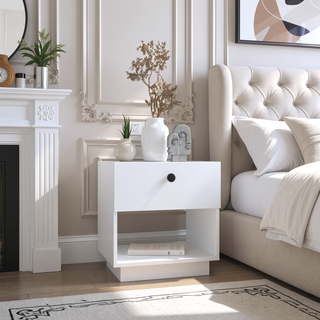 Sunvega Black Single Drawer Nightstand with Open Storage Shelf and Large Top Surface