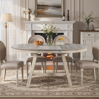 Sunvega Retro Round Extendable Dining Table for Dining Room with Flip Leaves